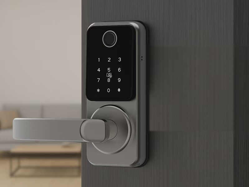 Trueway RF-1 classic lever-handle smart lock in gray and black