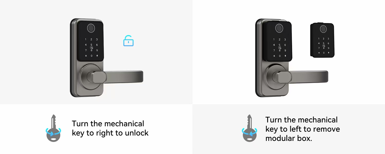 Trueway RF-1 mechanical key operation: turn right to unlock, turn left to remove the module box