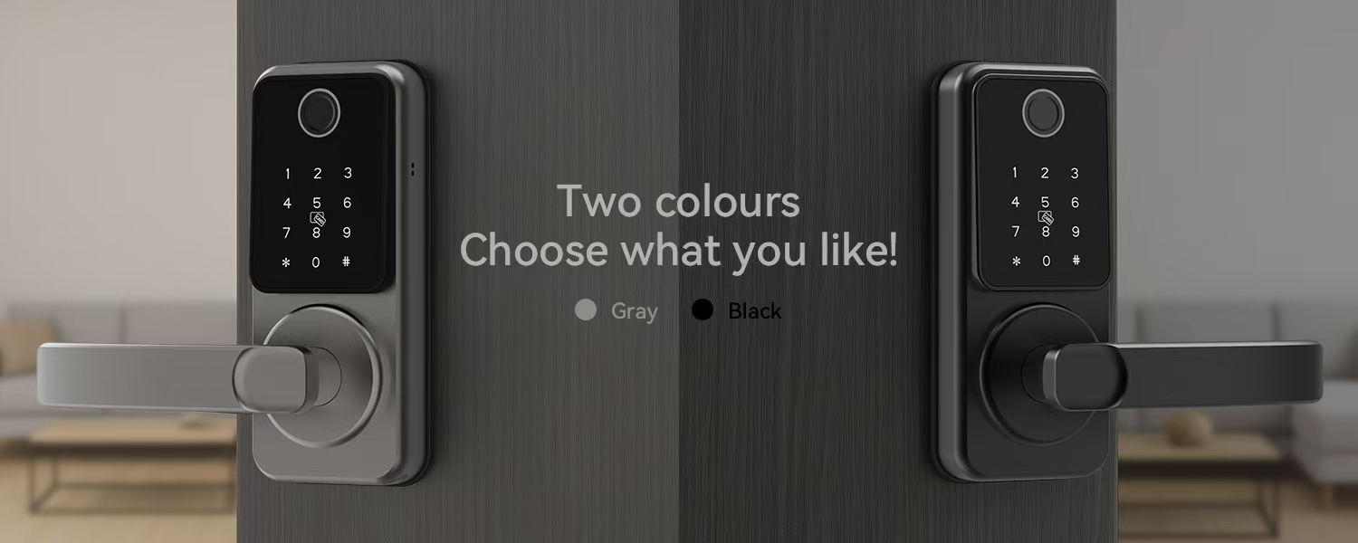 Trueway RF-1 classic lever-handle smart lock in gray and black finishes — two colours