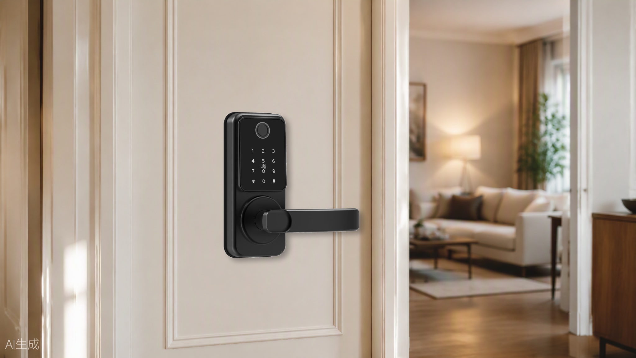 Trueway RF-1 smart lock installed on an apartment door