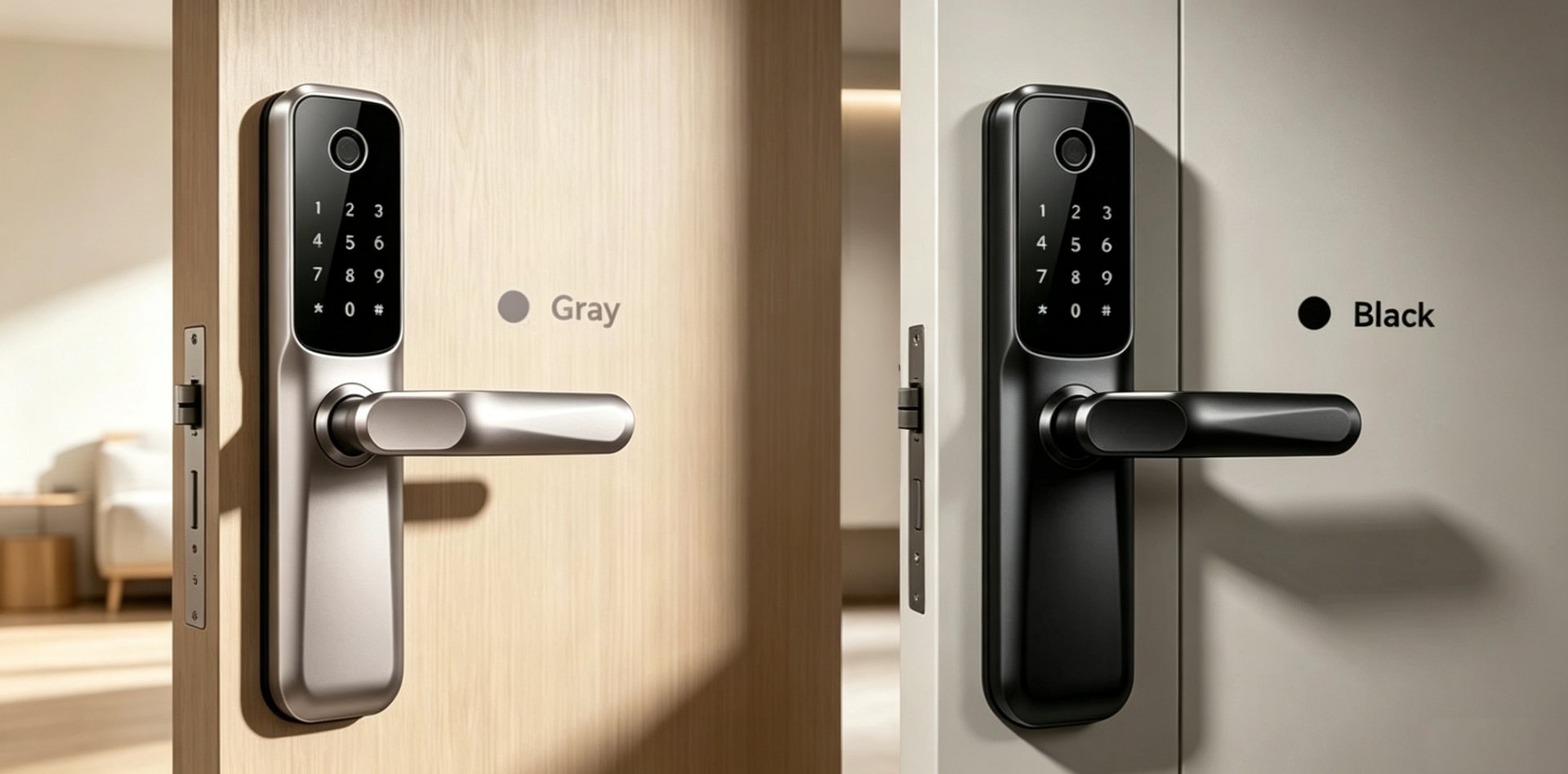 Trueway RF-2 key-swappable smart lock in gray and black finishes