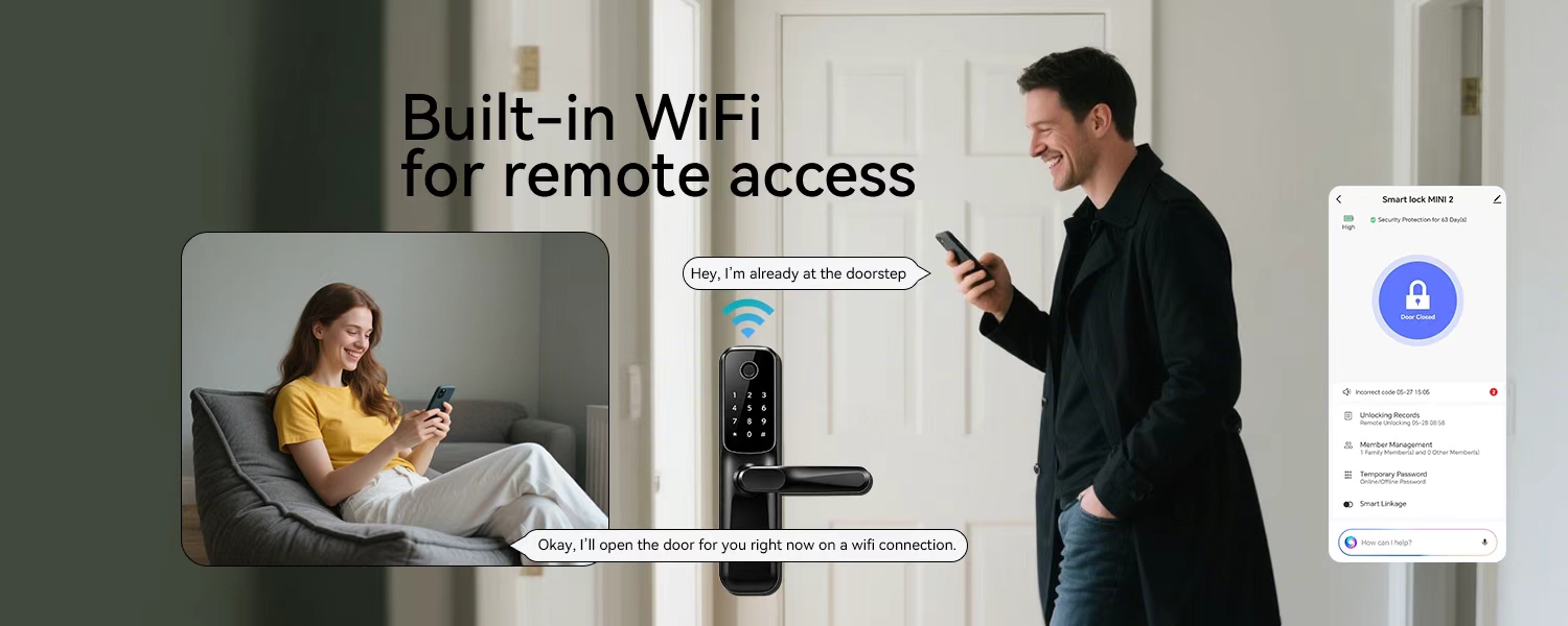 Trueway RF-2 built-in WiFi remote access app: door status, unlock records, member management, temporary passwords and smart linkage